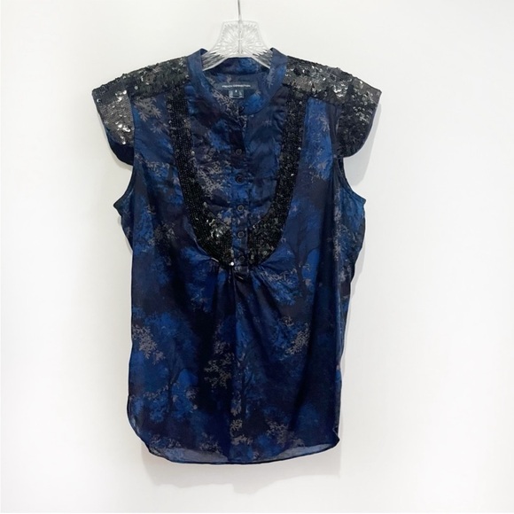 French Connection Tops - French Connection top blue black floral trees sequins cap sleeves buttons